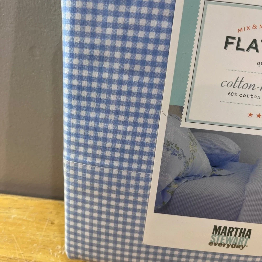 Martha Stewart Everyday Queen Flat Sheet Cornflower Gingham Vtg Style NEW